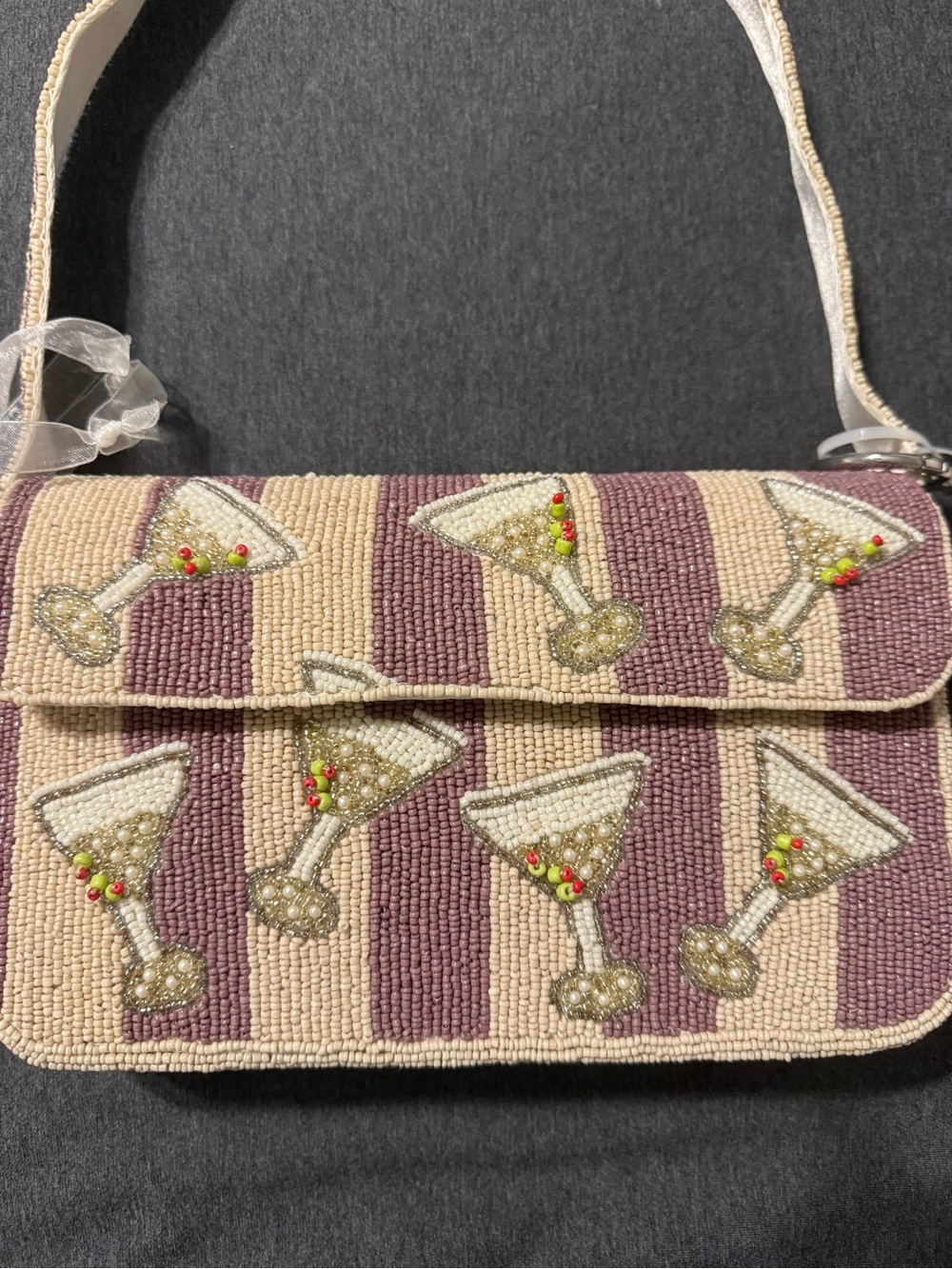 T.J.Maxx Beaded Martini Stripe Shoulder Bag in Cream and Mauve
